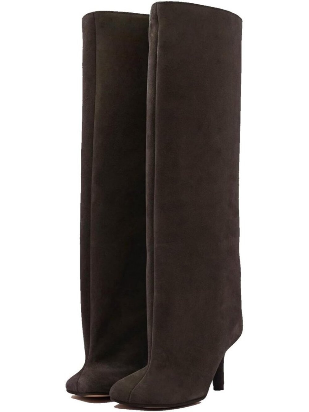Women's Brown Rubber Wide Calf Tall Knee High Boots Square Toe Stiletto Heels